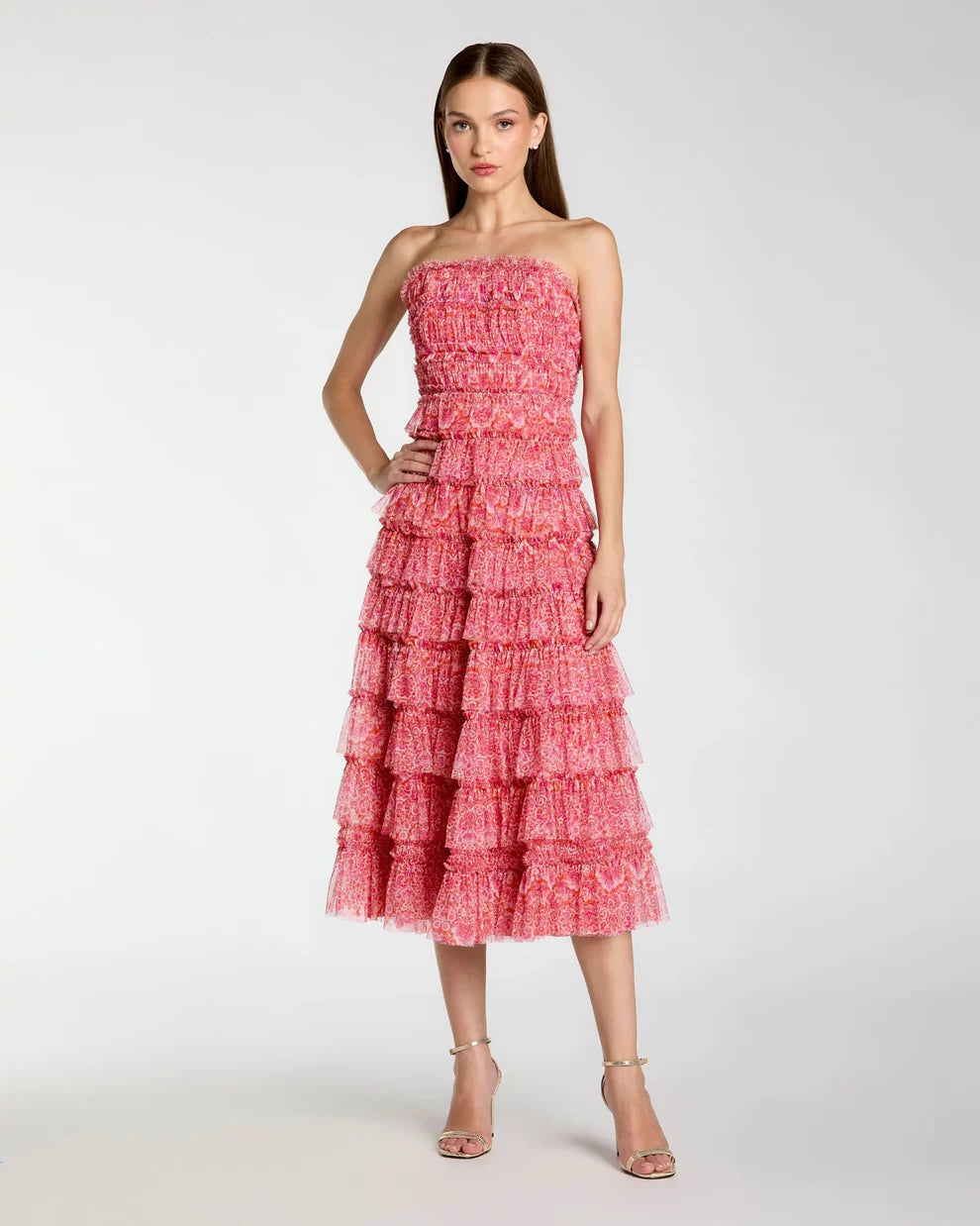 Pink Floral Strapless Ruffle Midi Dress Style #8301
