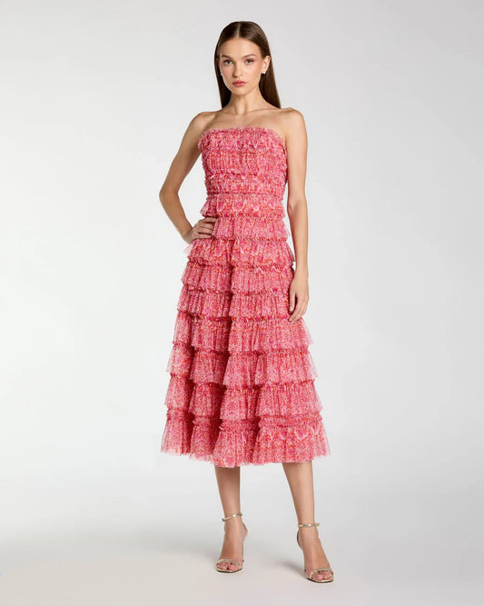 Pink Floral Strapless Ruffle Midi Dress Style #8301