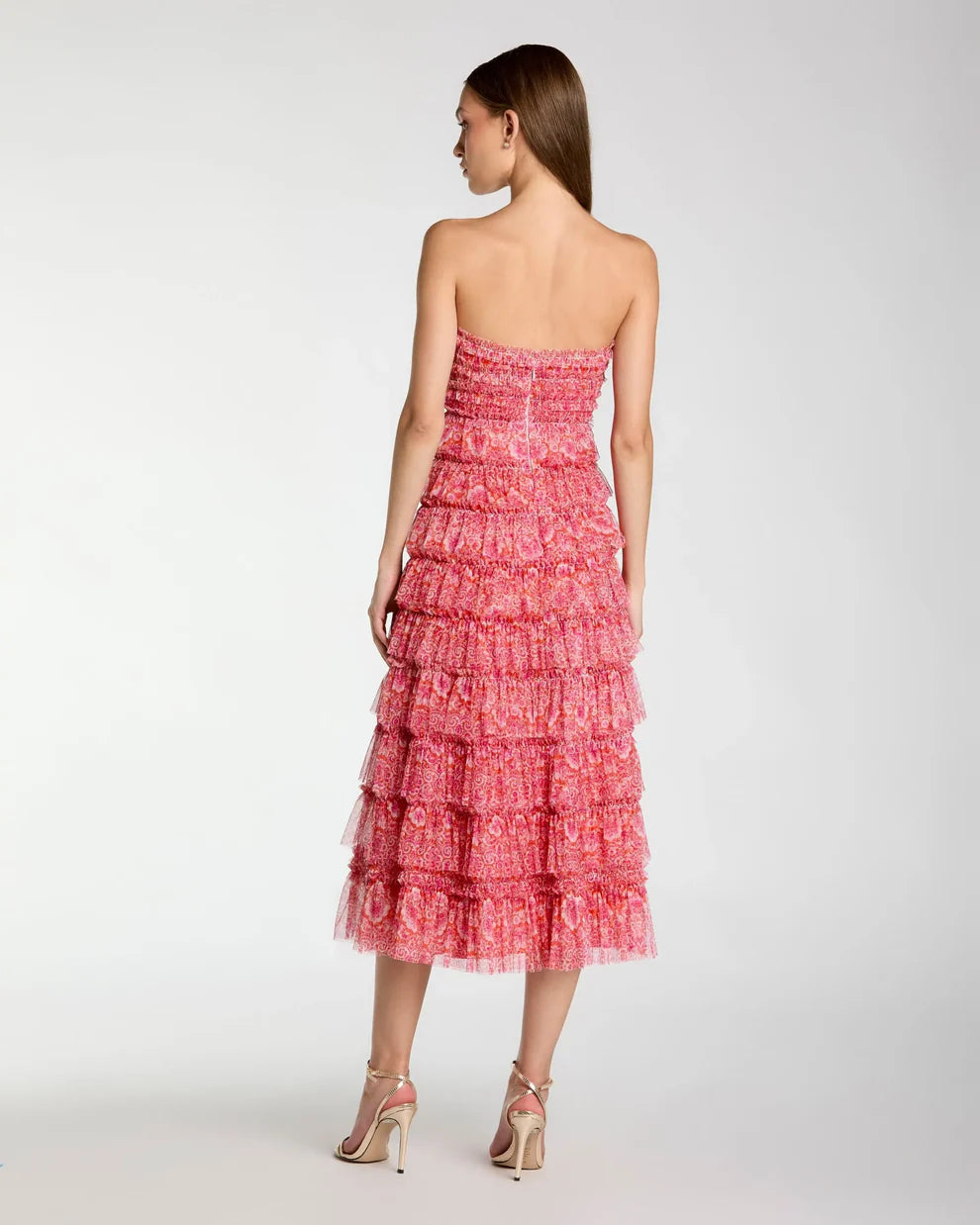 Pink Floral Strapless Ruffle Midi Dress Style #8301