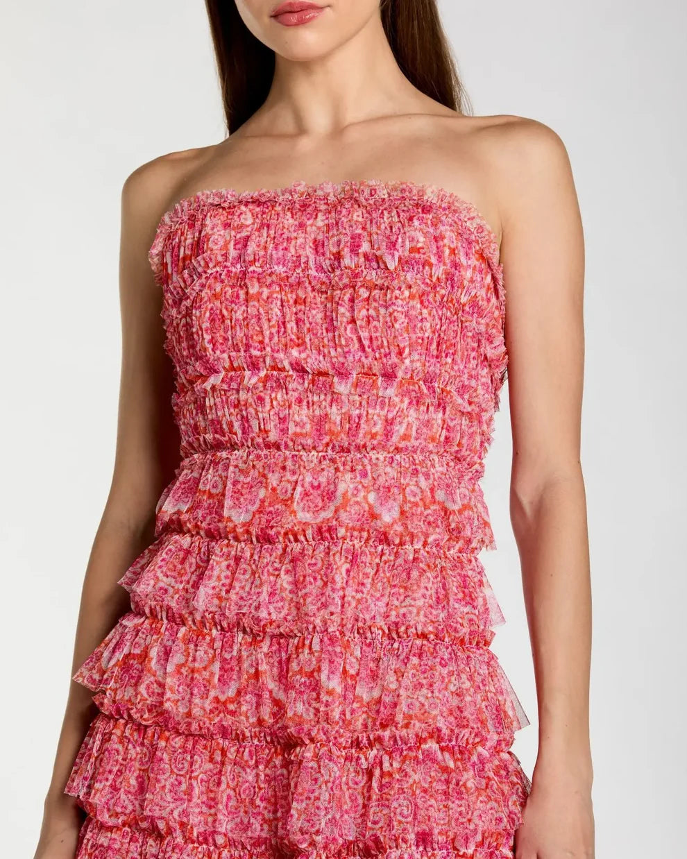 Pink Floral Strapless Ruffle Midi Dress Style #8301