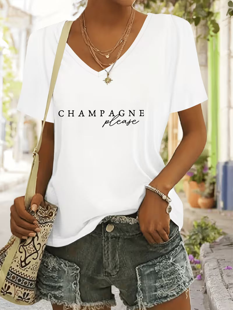 Short Sleeve T-shirt 'Champagne Please' V neck white