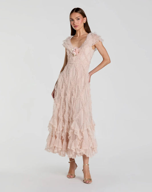 Pink Micro Ruffle Cap Sleeve A-Line Midi Dress Style #8382