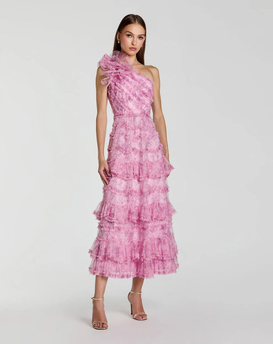 Pink Printed One Shoulder Ruffled A Line Midi Dress Style #8422
