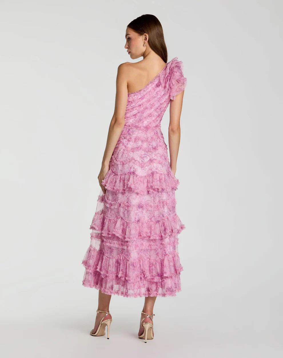 Pink Printed One Shoulder Ruffled A Line Midi Dress Style #8422