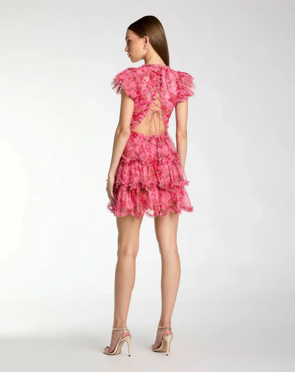 Pink Floral High Neck Cap Sleeve Ruffle Mini Dress Style #8473