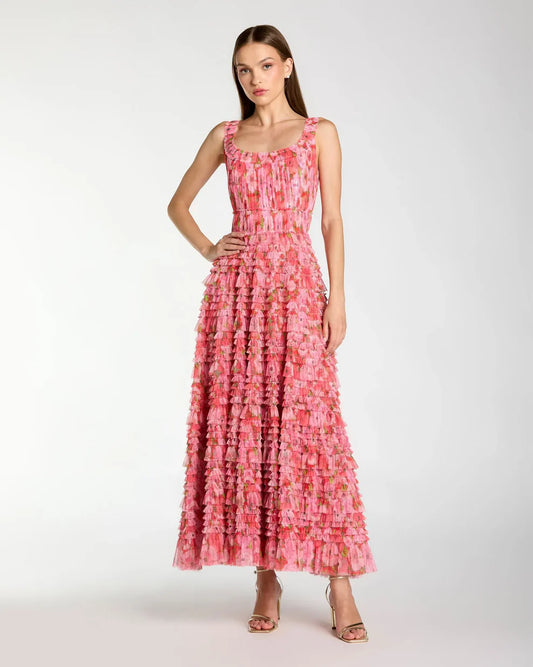 Pink Multicolor Floral Printed Ruffle Maxi Dress Style #8496