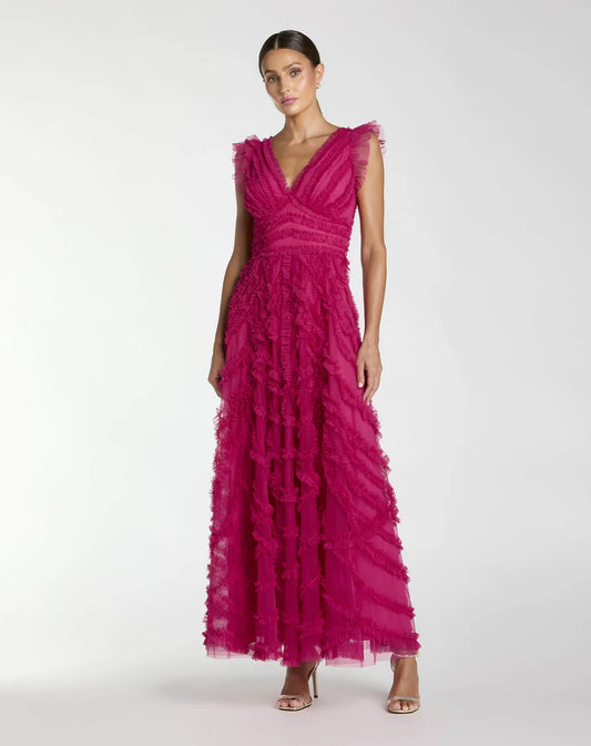 Pink V-Neck Cap Sleeve Ruffle Maxi Dress Style #8498