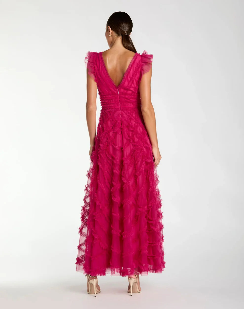 Pink V-Neck Cap Sleeve Ruffle Maxi Dress Style #8498