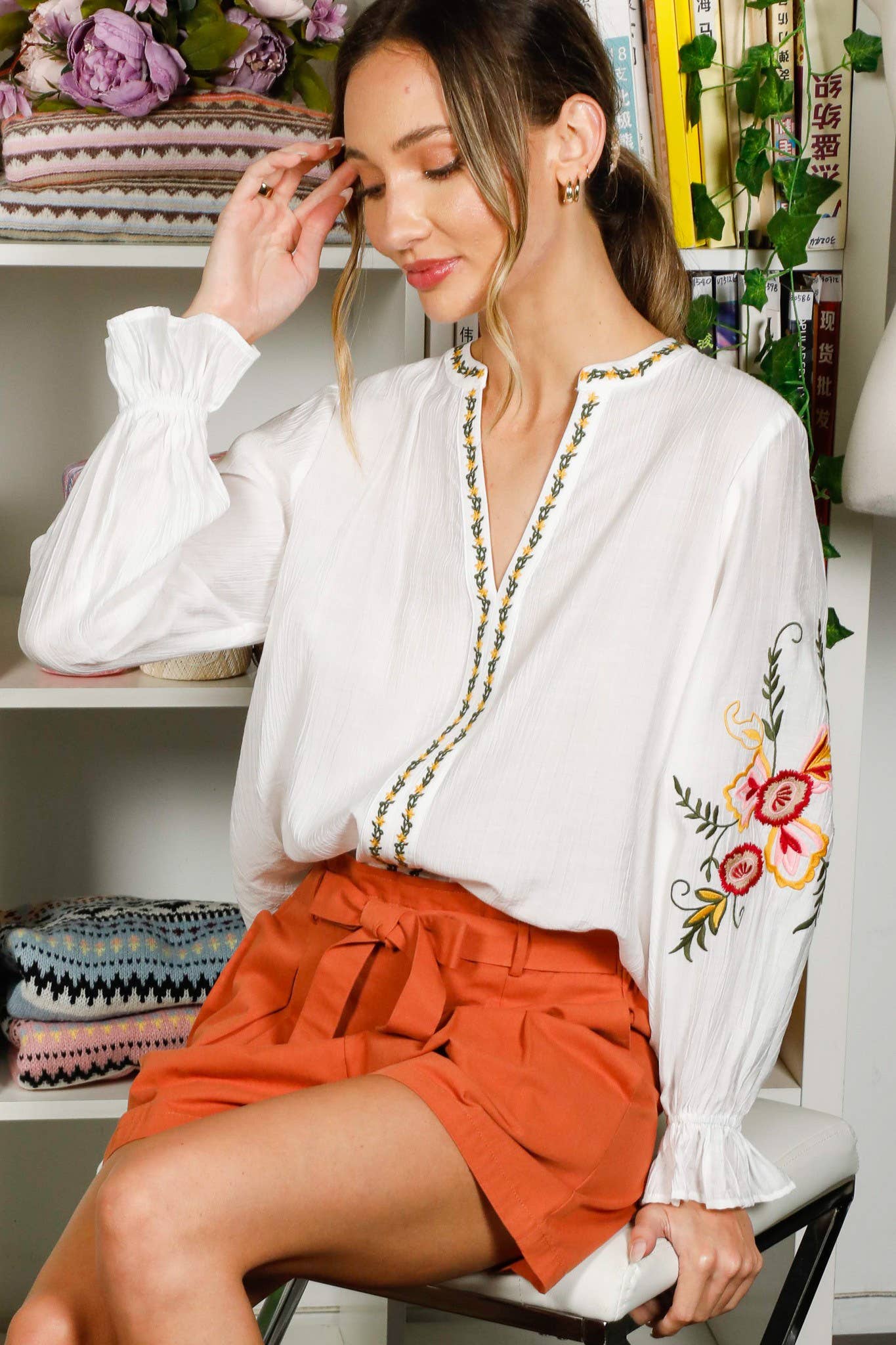 Bohemian Floral Embroidered Round Split Neck Blouse VT82505: Black / M