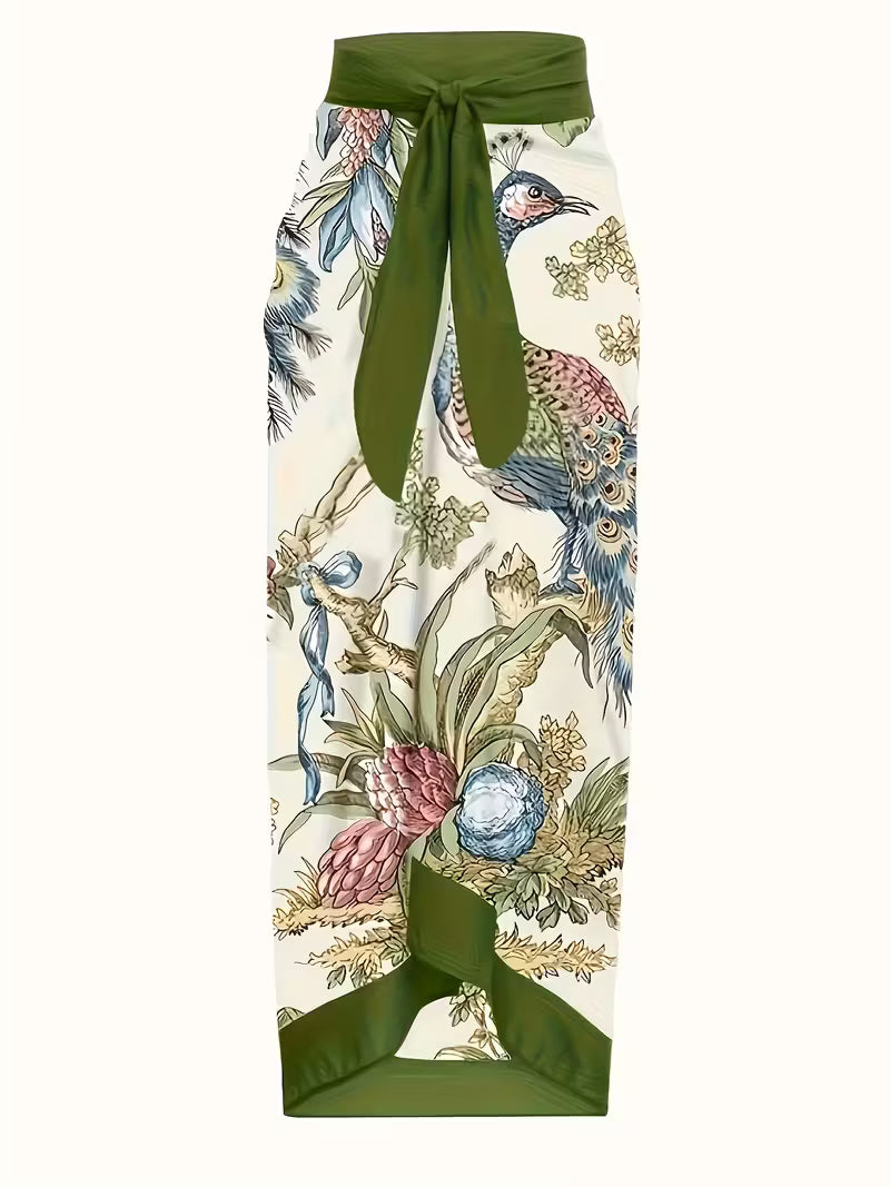 Oriental bird patterned swim suit and skirt