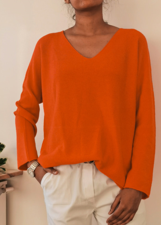 Z825 Italian One Size Orange V-Neck Knit Soft Sweater LOOWIE