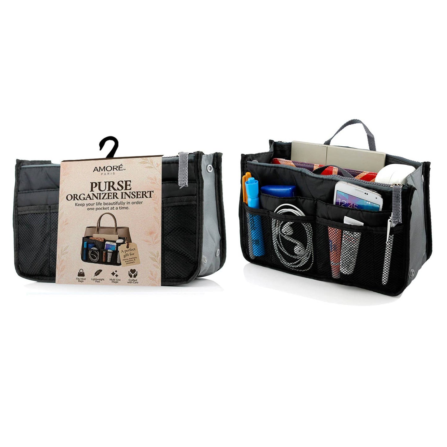 Travel Tote Handbag/Purse Insert Cosmetic Organizer: Gray