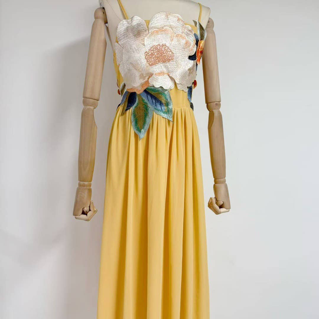 DR533Y Elegant Summer Embroidered 3D Floral Suspender Dress: Blue / English / L