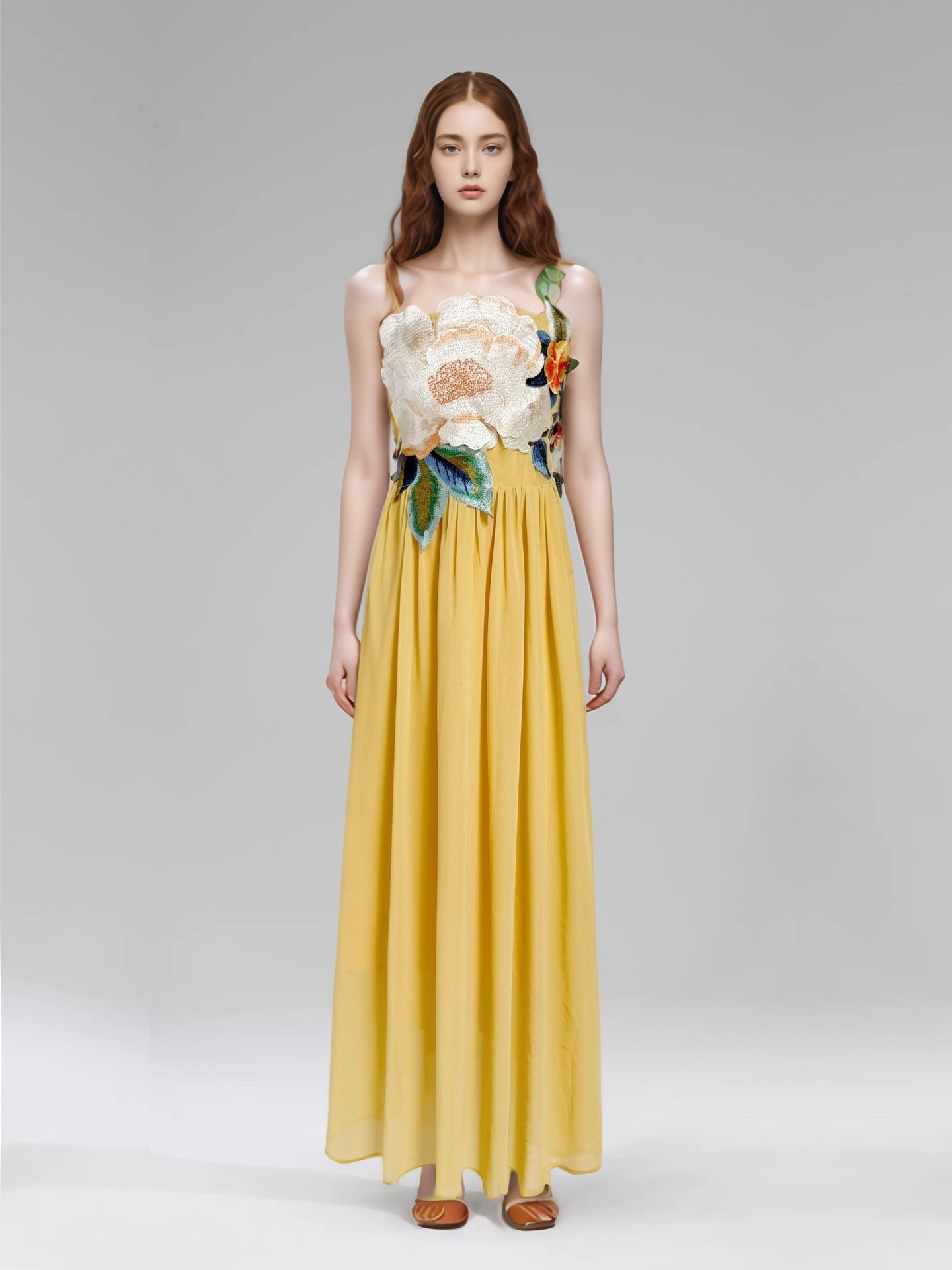 DR533Y Elegant Summer Embroidered 3D Floral Suspender Dress: Blue / English / L