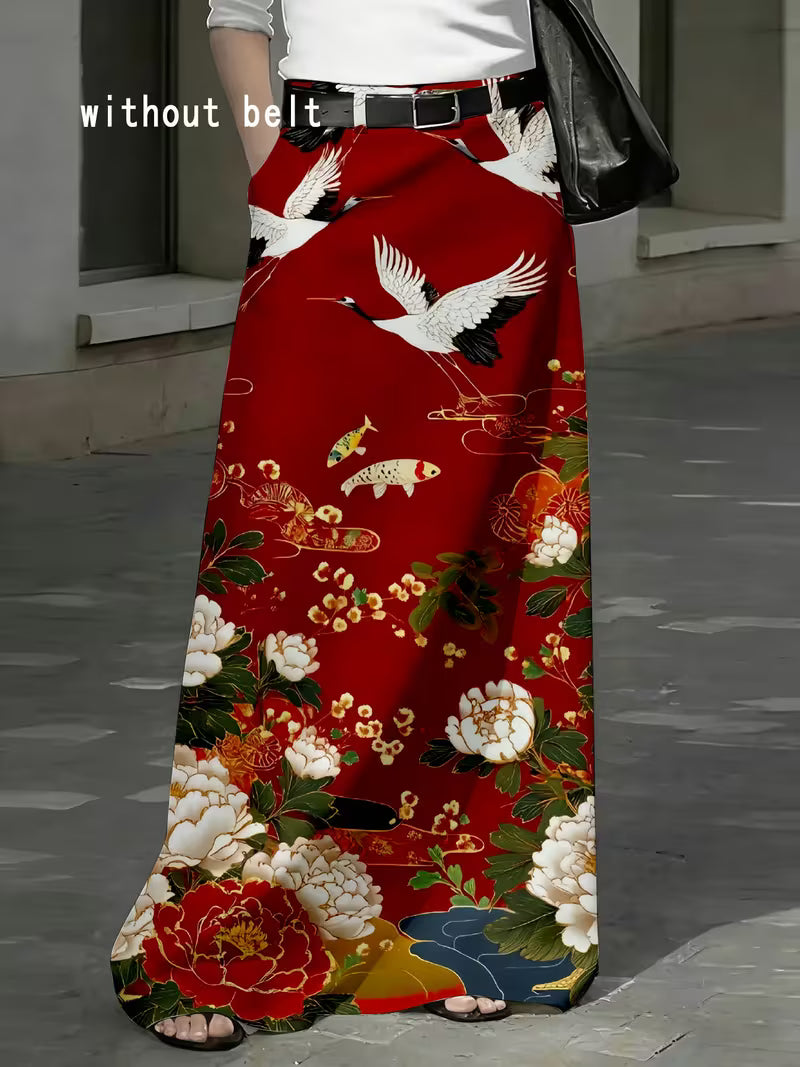 Red Flora Crane Maxi Skirt