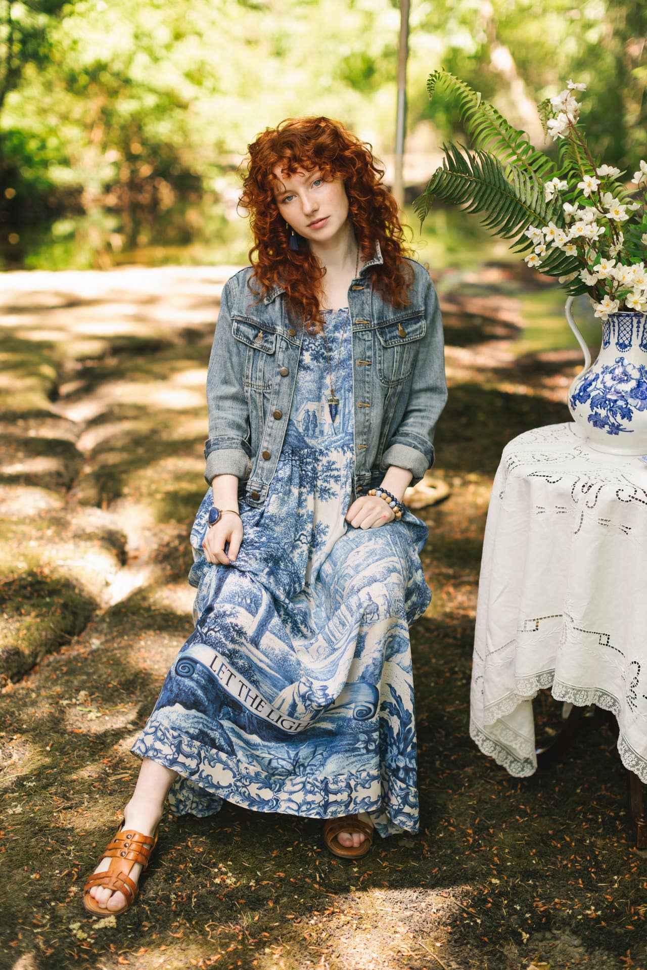 Let The Light In Bohéme Long Maxi Slip Dress w Delft Print: L/XL (fits approx. size 12-16)