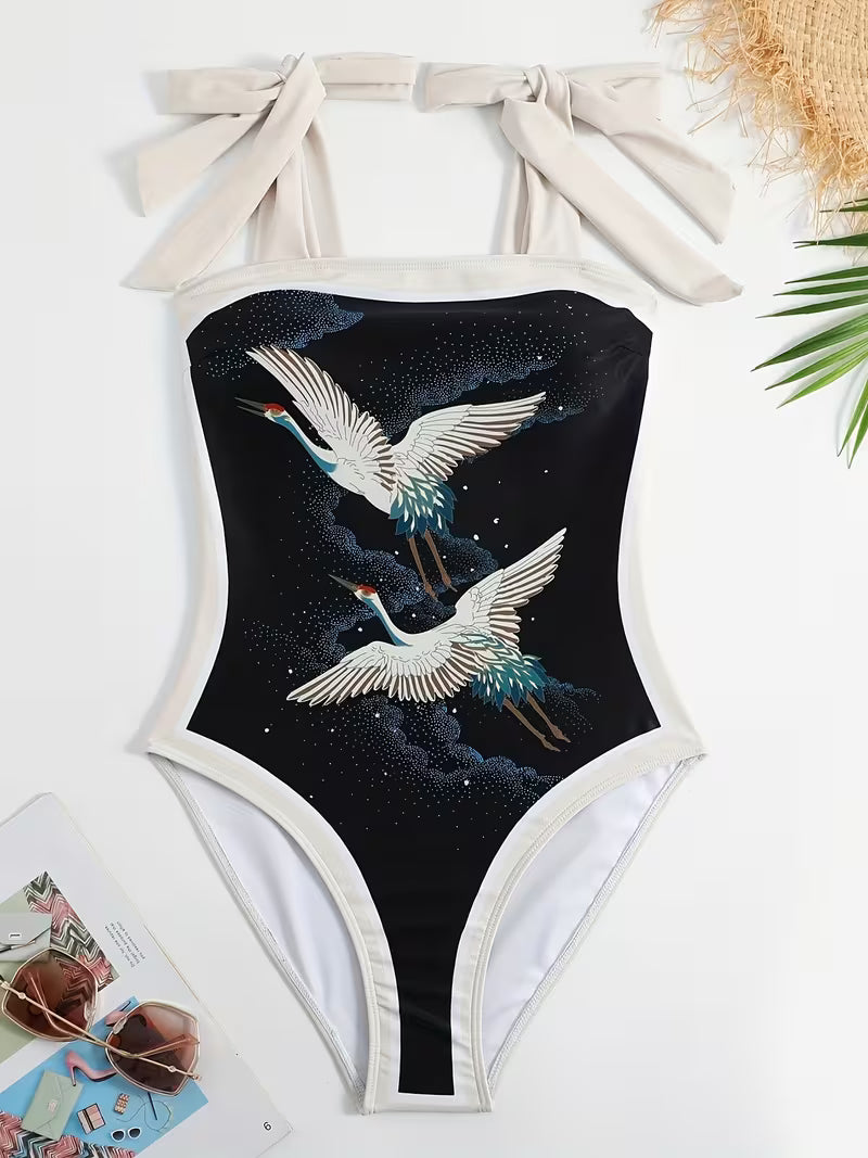 Oriental bird patterned swim suit and skirt
