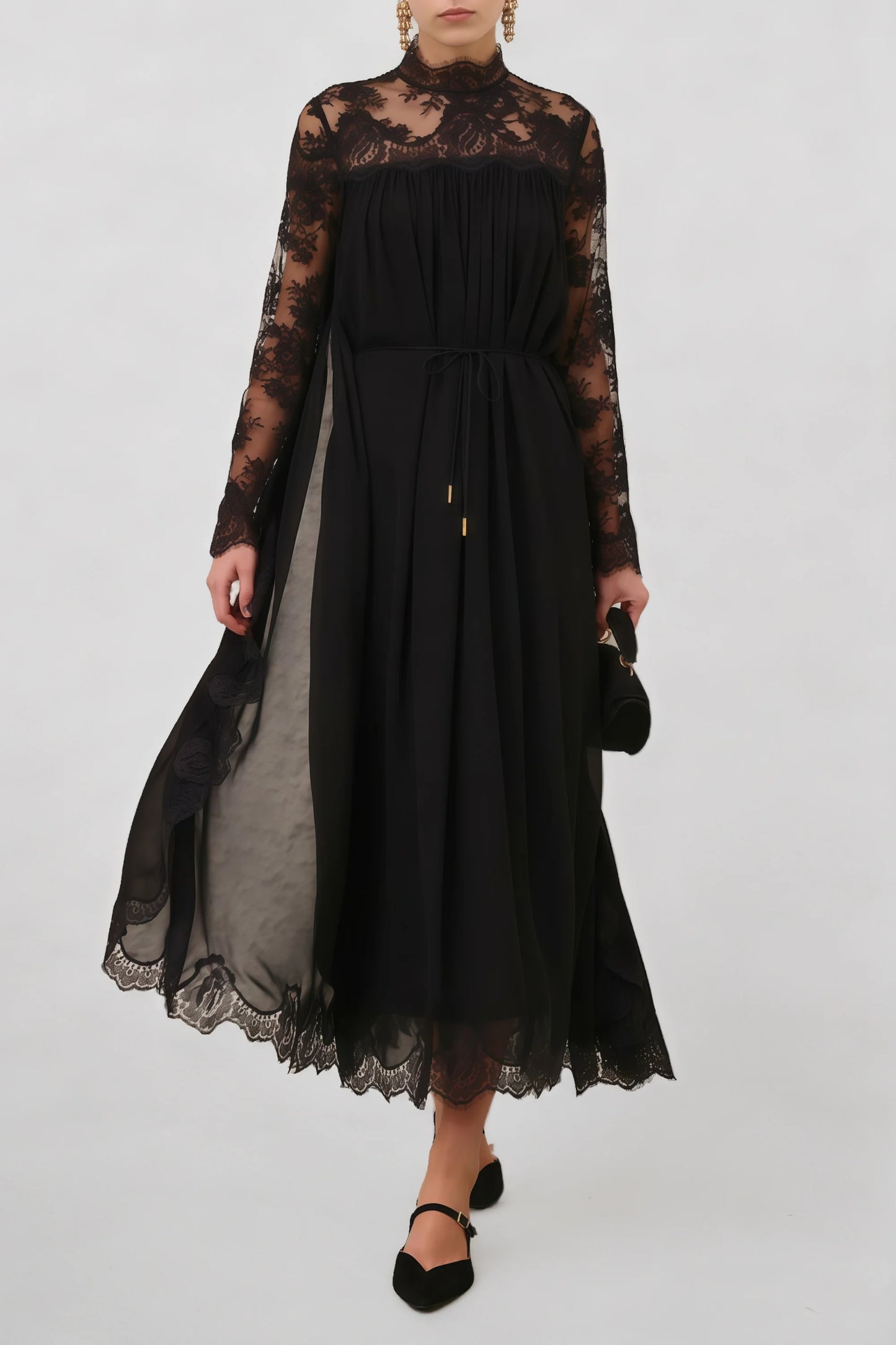 Relvoux   |    Clea Black Semi-sheer Lace Midi Dress