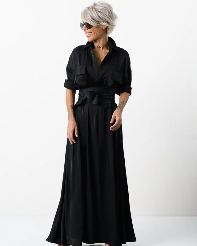 Locker Room   |    Elegant Maxi Black Shirt Dress with Vegan Leather Belt