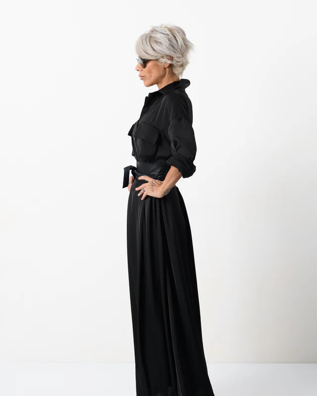 Locker Room   |    Elegant Maxi Black Shirt Dress with Vegan Leather Belt