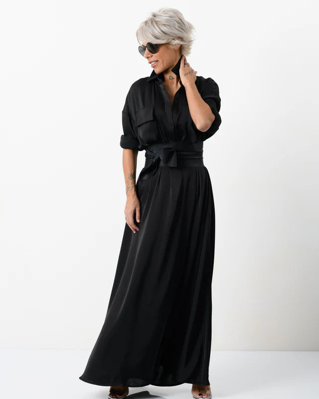 Locker Room   |    Elegant Maxi Black Shirt Dress with Vegan Leather Belt