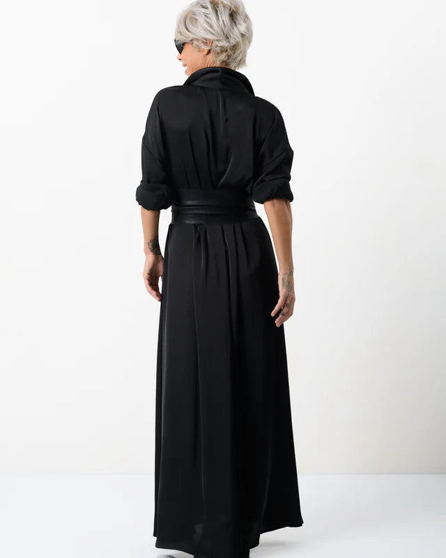 Locker Room   |    Elegant Maxi Black Shirt Dress with Vegan Leather Belt