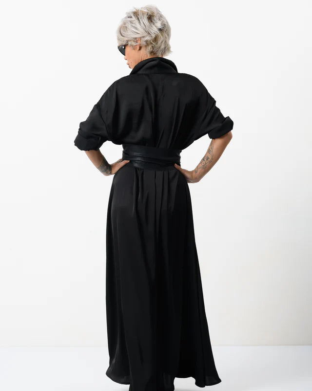 Locker Room   |    Elegant Maxi Black Shirt Dress with Vegan Leather Belt