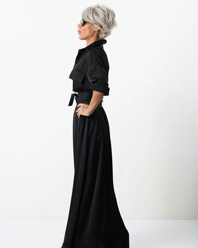 Locker Room   |    Elegant Maxi Black Shirt Dress with Vegan Leather Belt