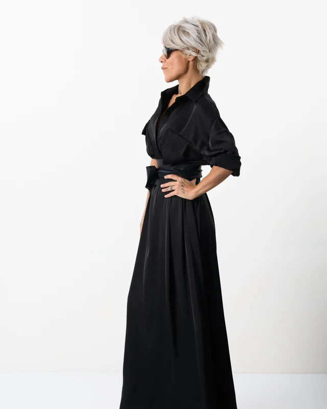 Locker Room   |    Elegant Maxi Black Shirt Dress with Vegan Leather Belt