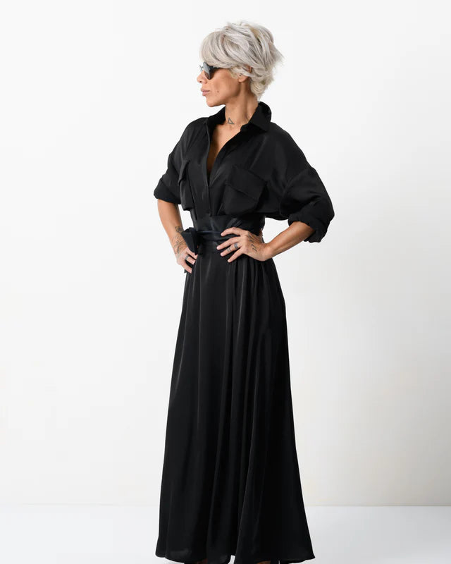 Locker Room   |    Elegant Maxi Black Shirt Dress with Vegan Leather Belt