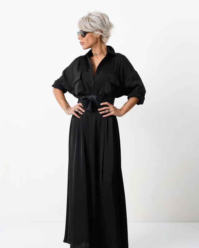 Locker Room   |    Elegant Maxi Black Shirt Dress with Vegan Leather Belt