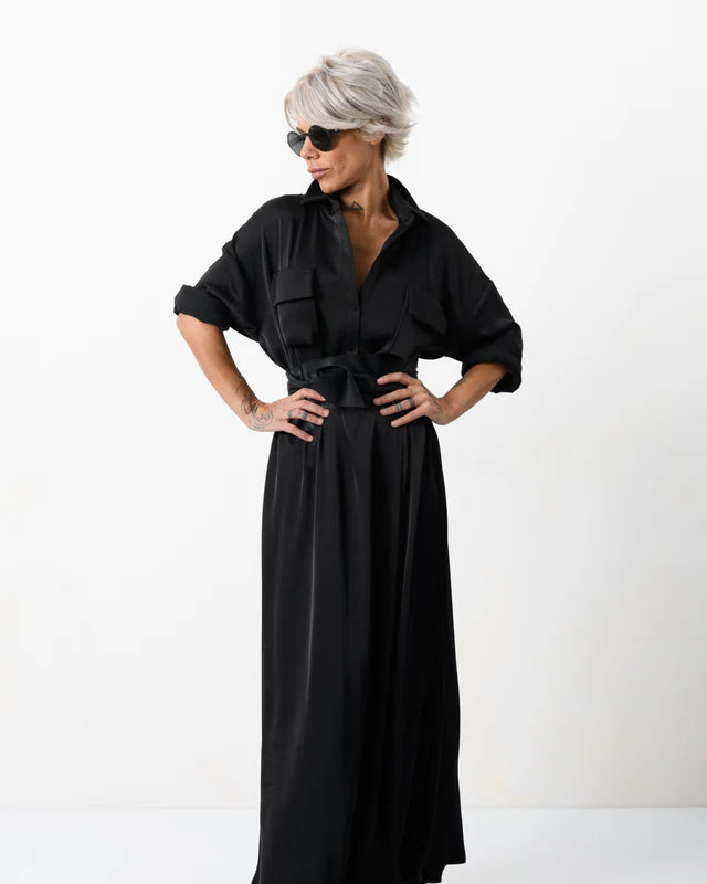 Locker Room   |    Elegant Maxi Black Shirt Dress with Vegan Leather Belt