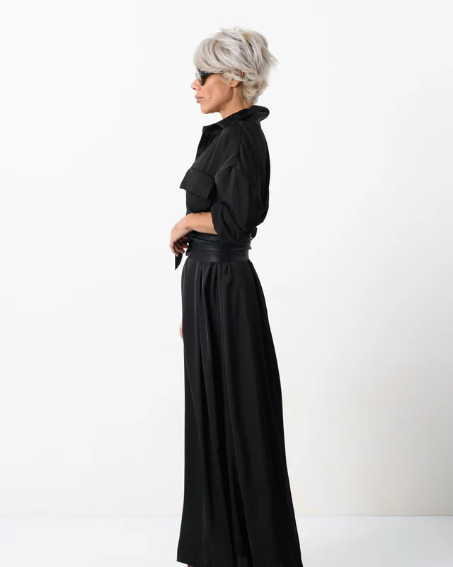 Locker Room   |    Elegant Maxi Black Shirt Dress with Vegan Leather Belt