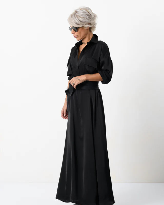 Locker Room   |    Elegant Maxi Black Shirt Dress with Vegan Leather Belt
