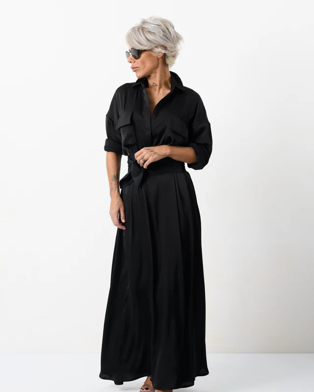 Locker Room   |    Elegant Maxi Black Shirt Dress with Vegan Leather Belt