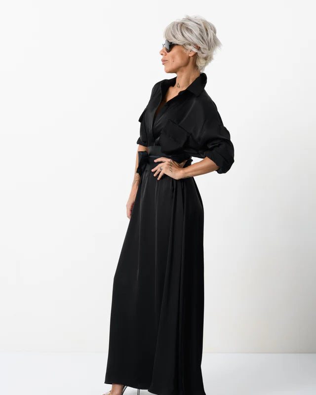 Locker Room   |    Elegant Maxi Black Shirt Dress with Vegan Leather Belt