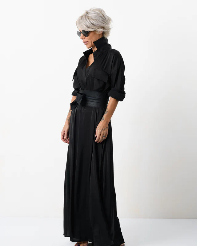 Locker Room   |    Elegant Maxi Black Shirt Dress with Vegan Leather Belt