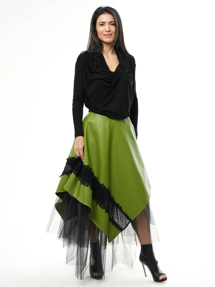 Metamorphoza   |    Green Vegan Leather Skirt with Black Tulle