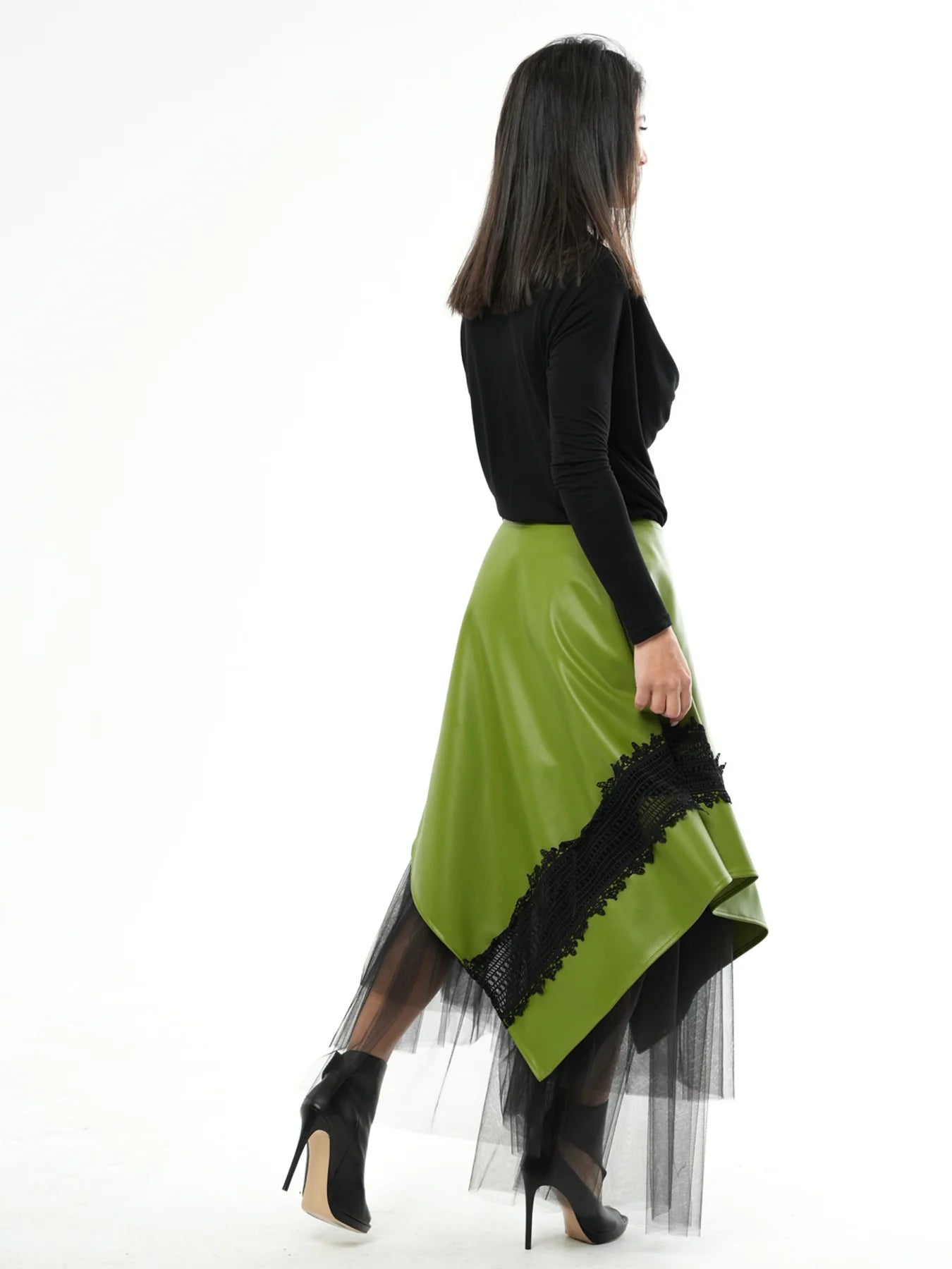 Metamorphoza   |    Green Vegan Leather Skirt with Black Tulle