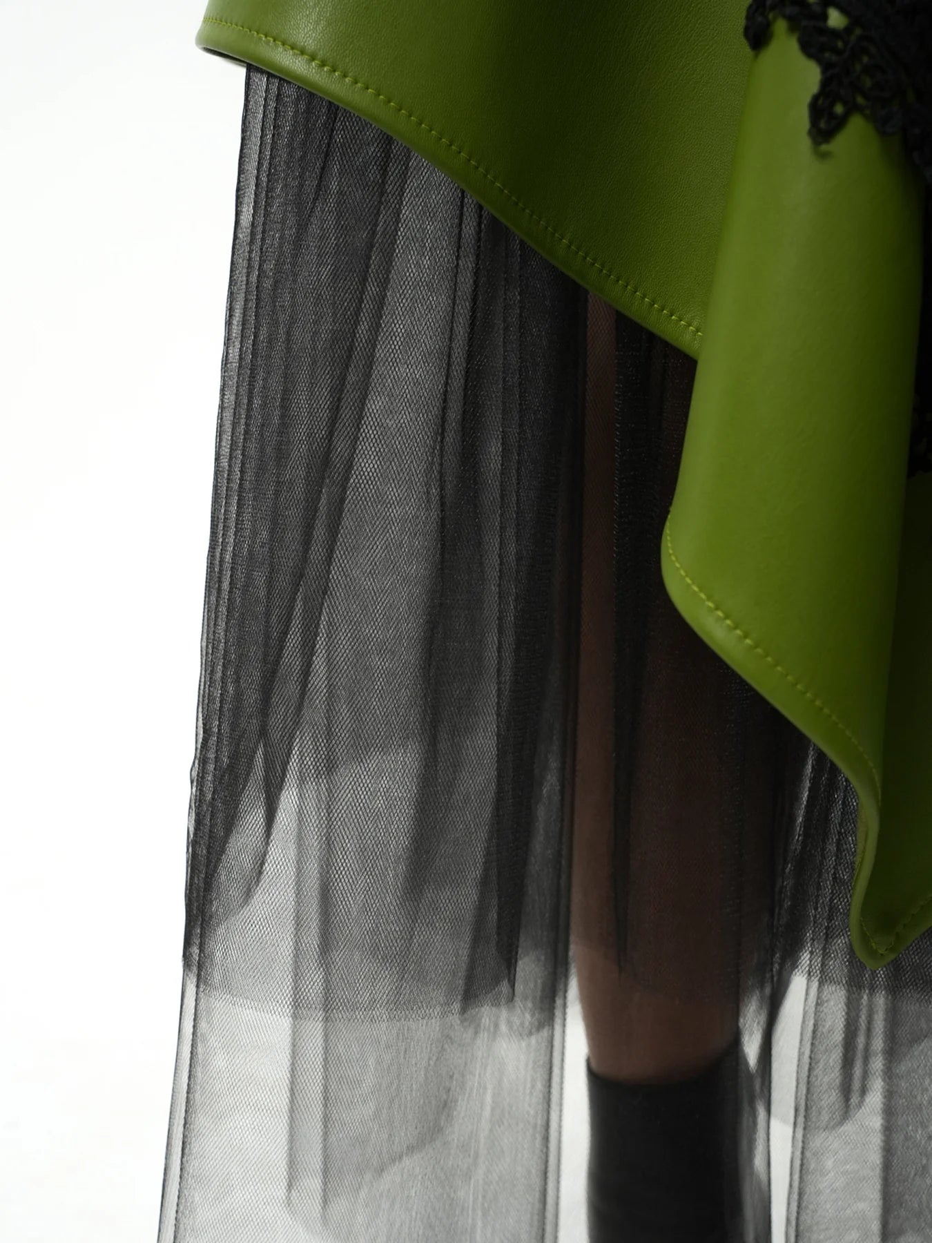 Metamorphoza   |    Green Vegan Leather Skirt with Black Tulle