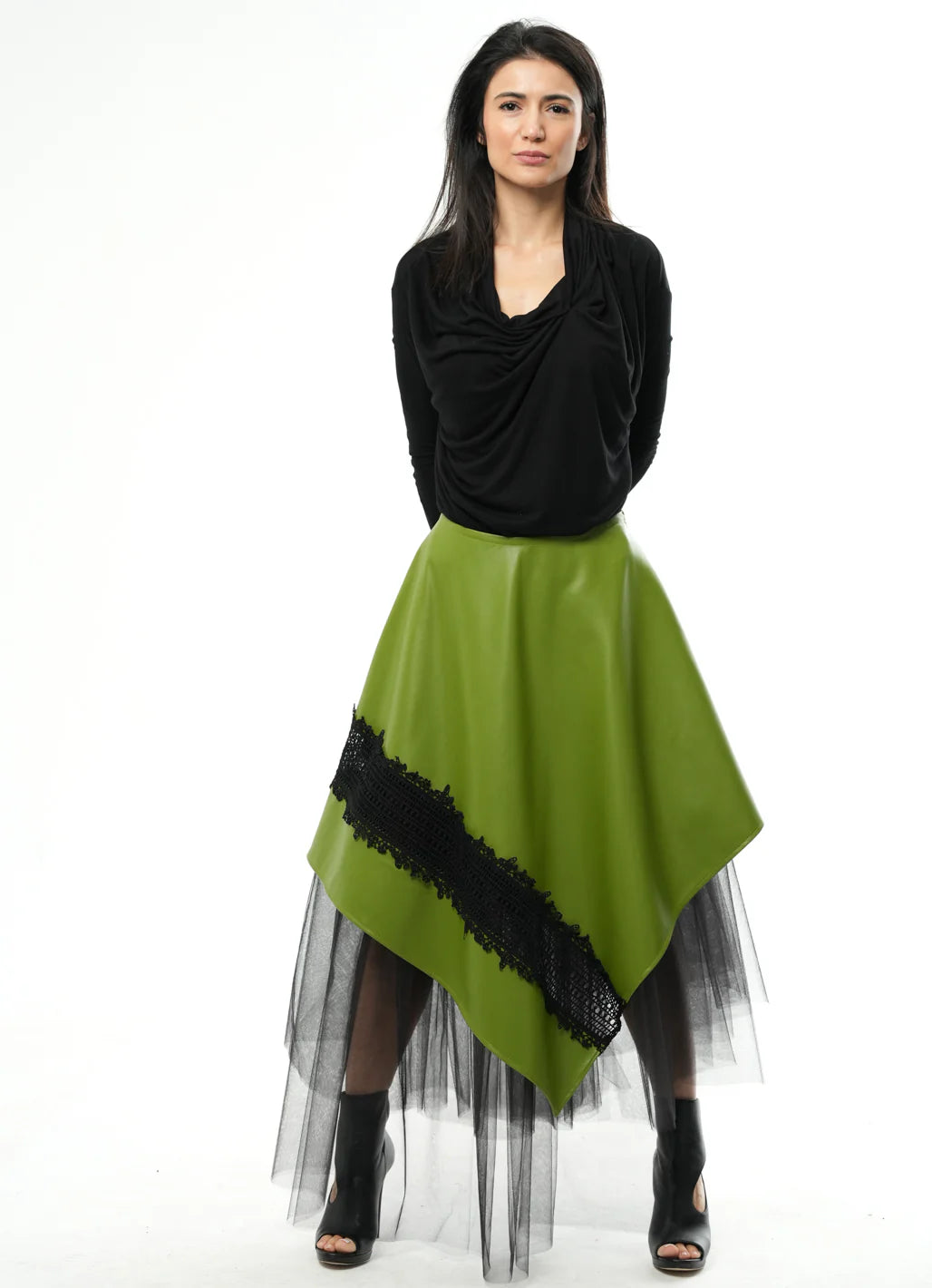 Metamorphoza   |    Green Vegan Leather Skirt with Black Tulle