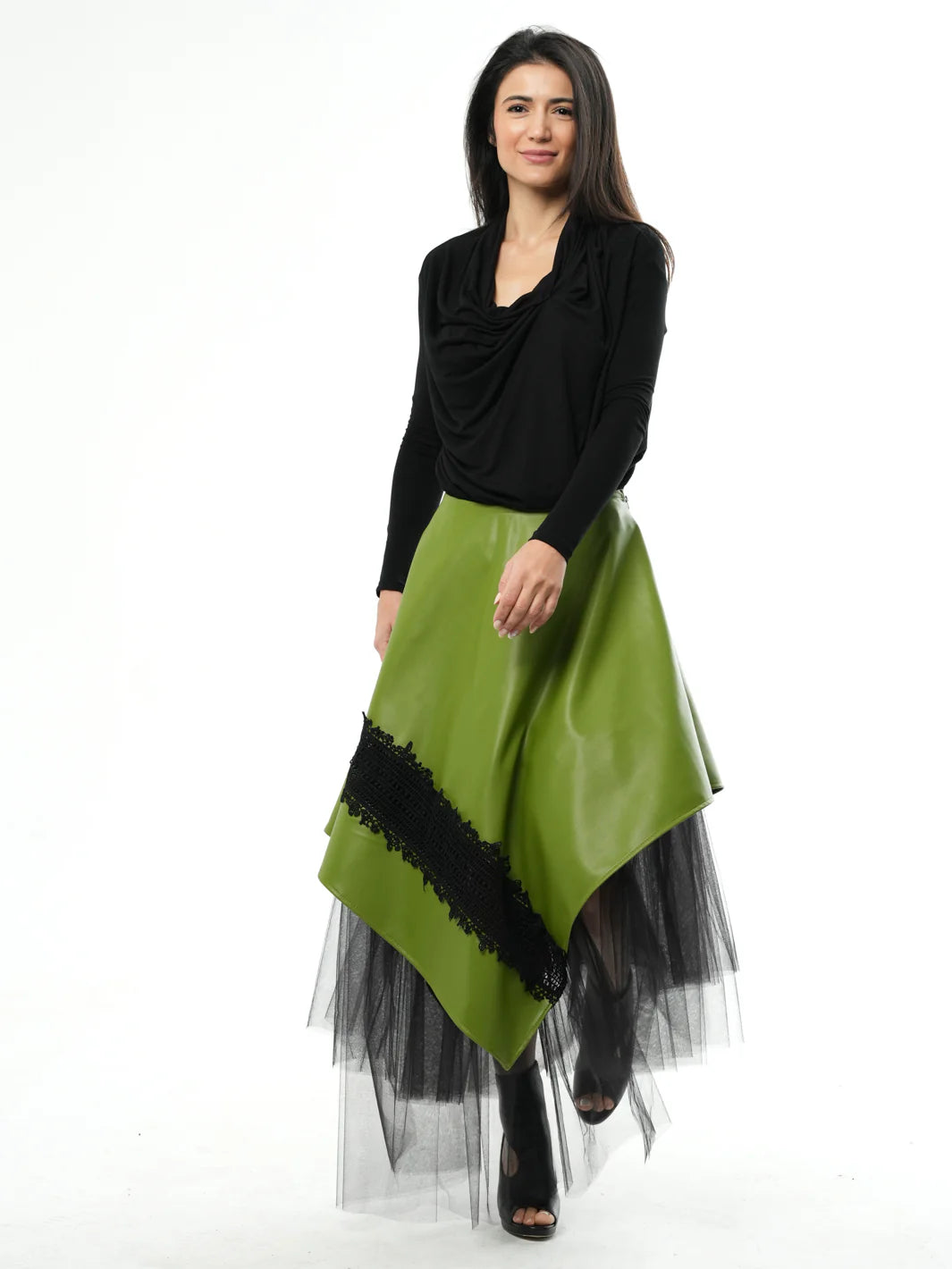 Metamorphoza   |    Green Vegan Leather Skirt with Black Tulle