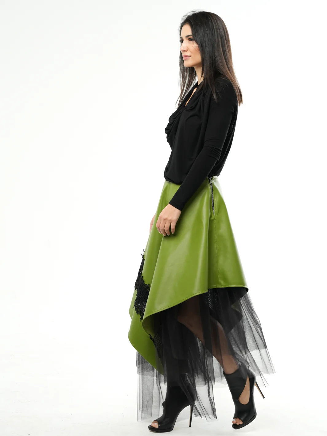 Metamorphoza   |    Green Vegan Leather Skirt with Black Tulle