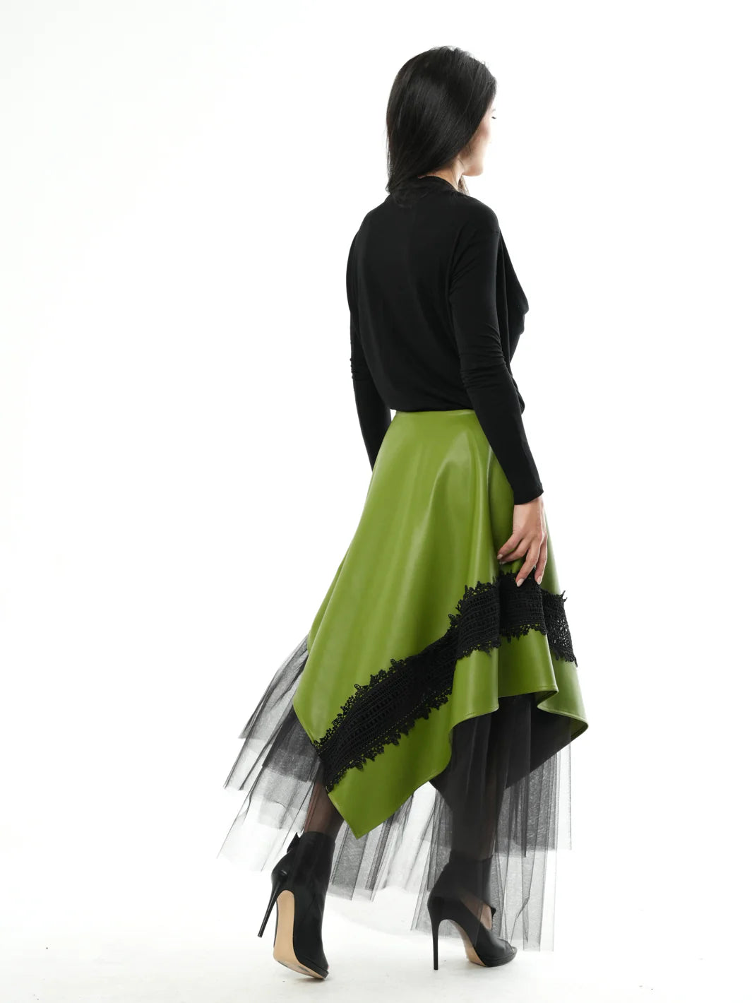 Metamorphoza   |    Green Vegan Leather Skirt with Black Tulle