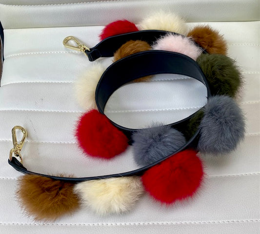 Leather Multicolor Pompom Bag Strap