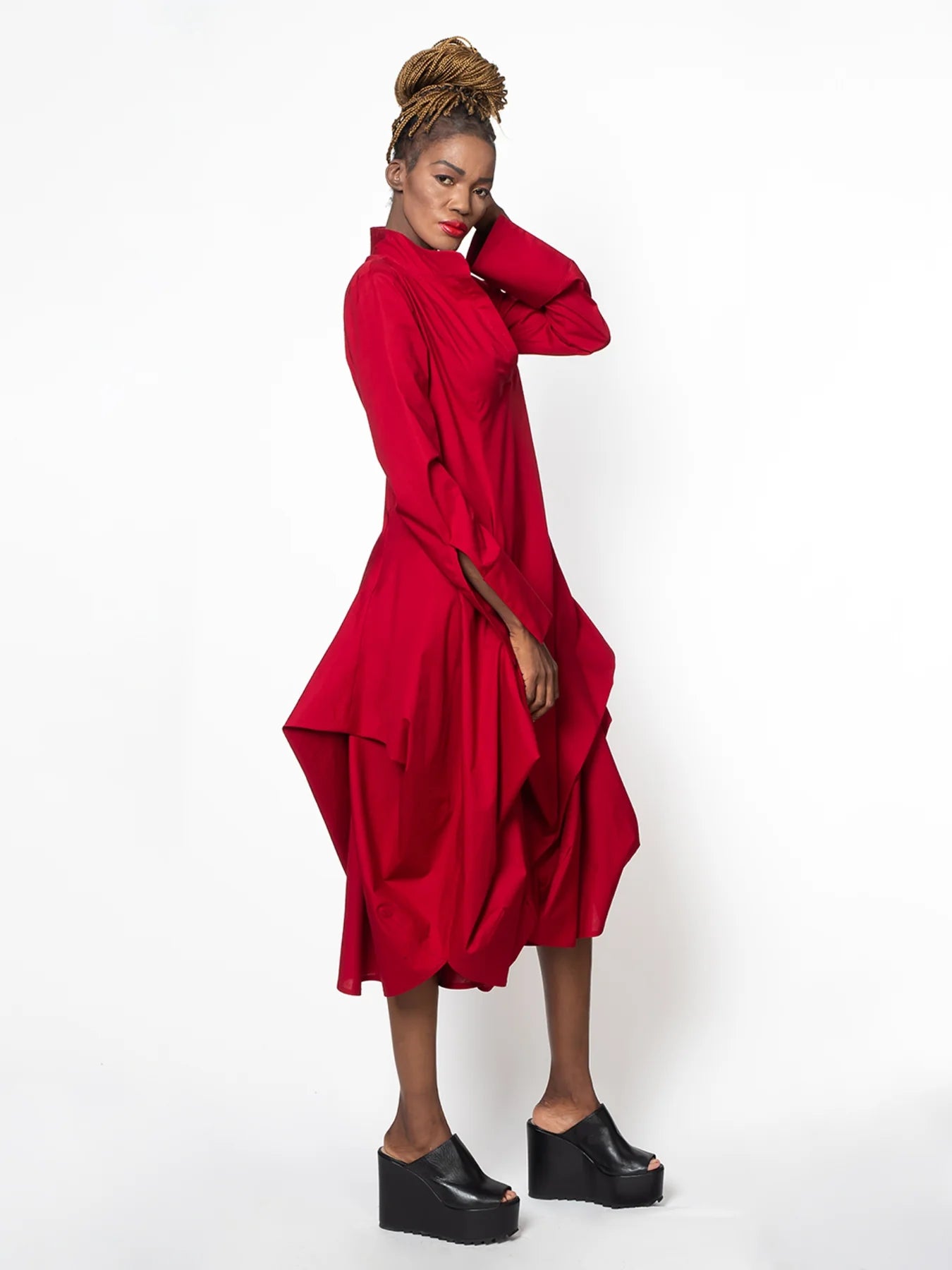 Metamorphoza   |    Maxi Asymmetric Collar Shirt Dress (Red, Black, Green)