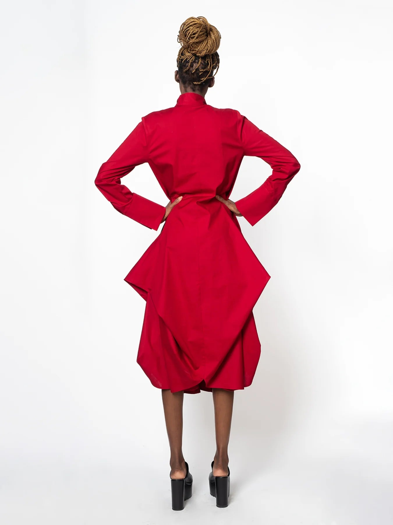 Metamorphoza   |    Maxi Asymmetric Collar Shirt Dress (Red, Black, Green)