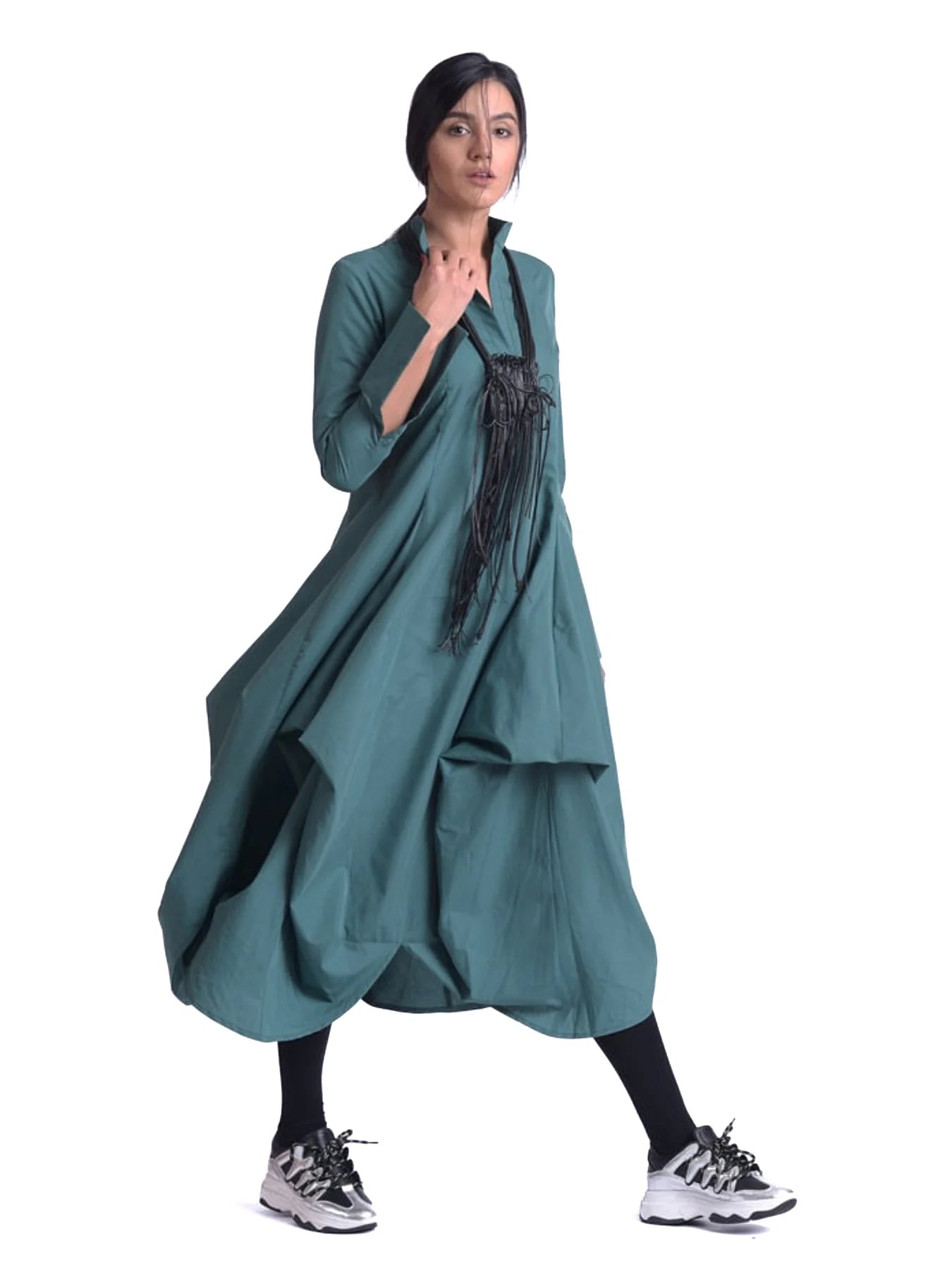 Metamorphoza   |    Maxi Asymmetric Collar Shirt Dress (Red, Black, Green)