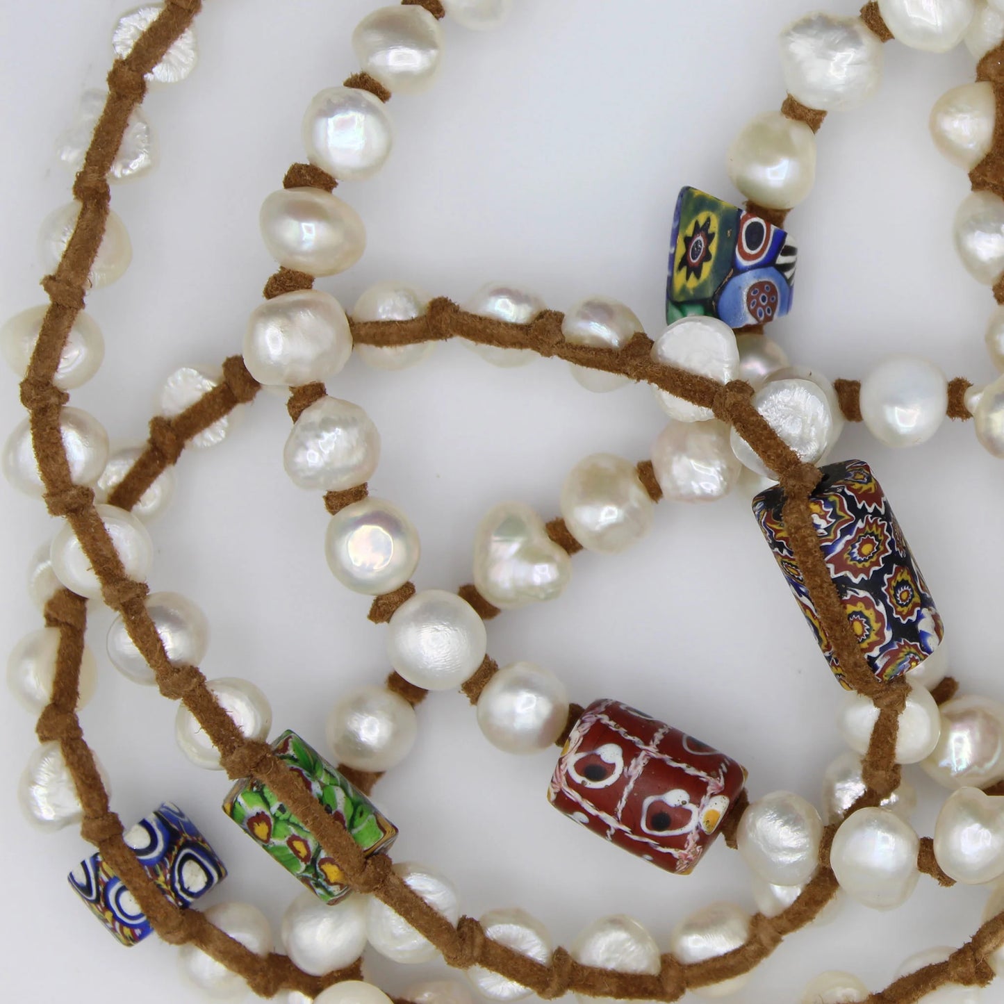 Fresh Water Pearl and Moroccan Glass Beads long lariat necklace