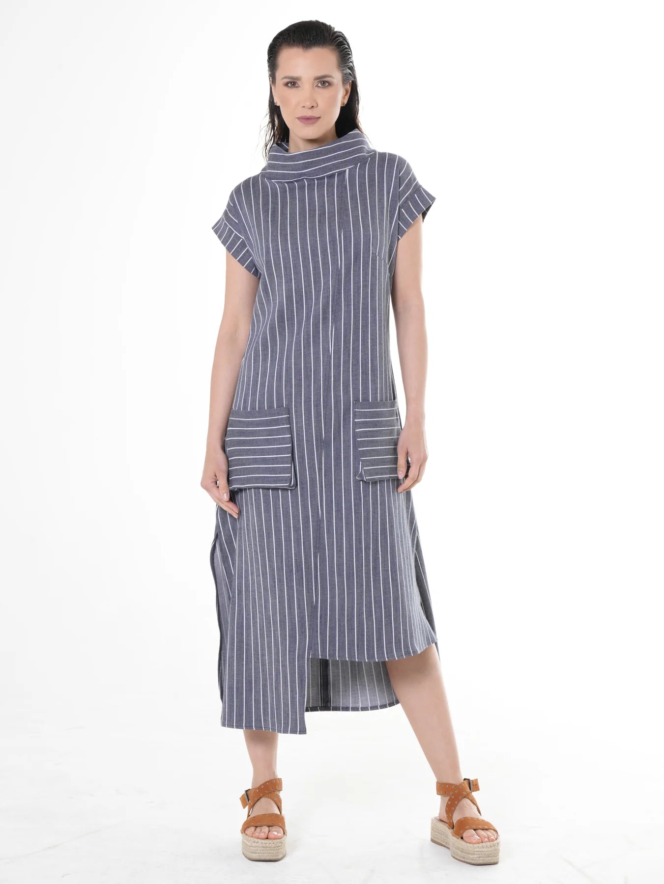 Metamorphoza   |    Midi Striped Denim Dress In Dark Blue